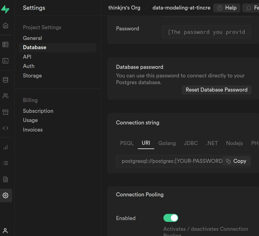 Supabase database settings for the URI string for PostgreSQL.