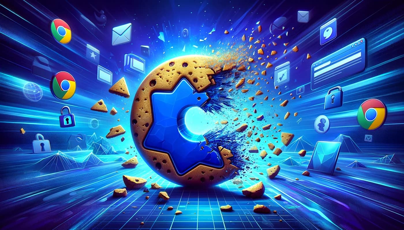 Illustration depicting the end of third-party cookies, featuring a shattered cookie with pieces flying apart. The background showcases indigo hues with a futuristic, tech-centric landscape, including icons of web browsers like Chrome, Safari, and Firefox. Subtle references to data privacy, such as padlocks and shield icons, are blended into the scene. The overall feel is modern, vibrant, and slightly dramatic.