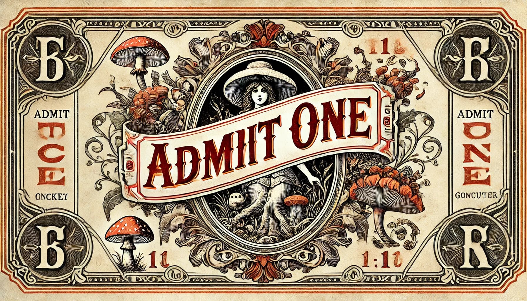 Vintage fair ticket labeled 'ADMIT ONE' with ornate decorations including a classical illustration of a person with a hat and natural elements.